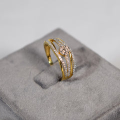 Multi band structure in yellow gold with radiant crystal cluster ring